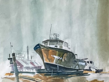 Francis McGinley Watercolor Ship in Harbor