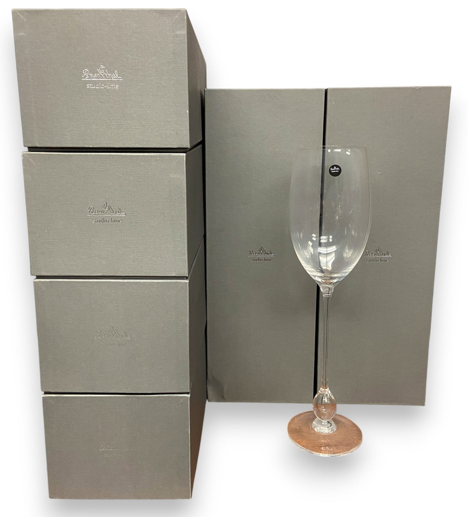 8 Rosenthal Oversized Wine Glasses, Group 3: Eight Rosenthal Studio-Line "Extravagant Bordeaux" oversized toasting wine glasses. New in box. Box 5" h x 6" w x 17" d. Glass 14 1/4" h x 4" w.