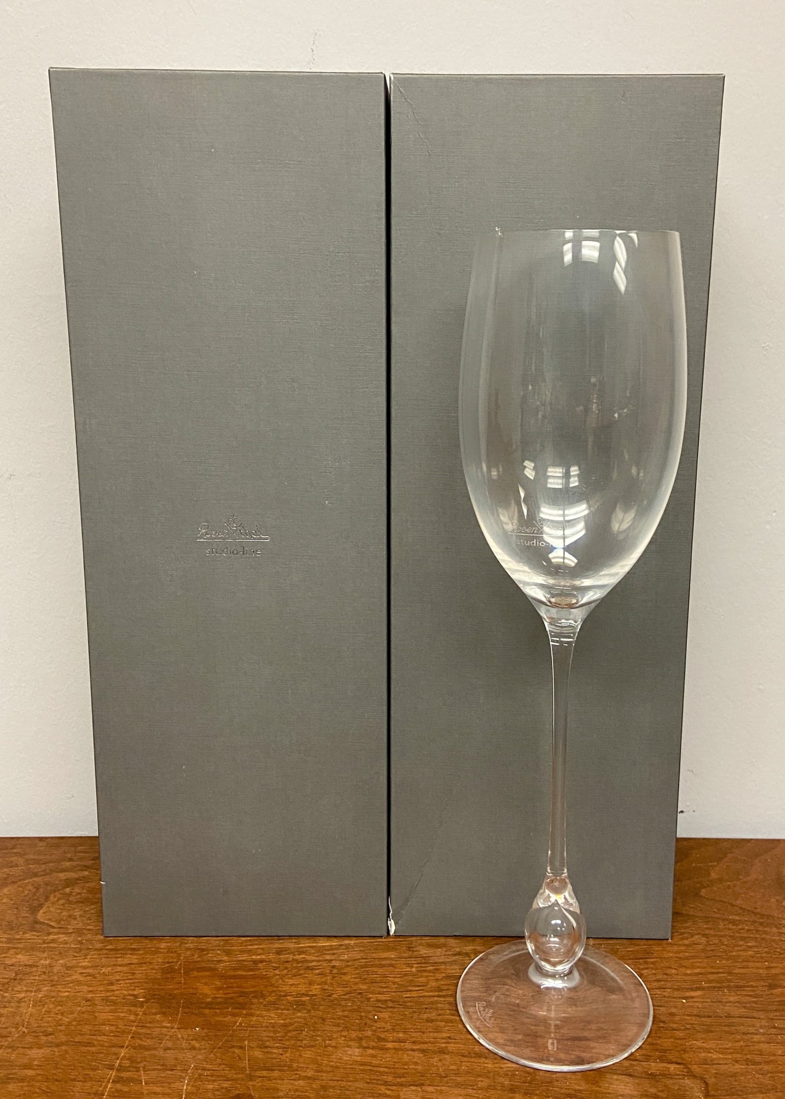 2 Rosenthal Oversized Wine Glasses: Two Rosenthal Studio-Line "Extravagant Bordeaux" oversized toasting wine glasses. New in box. Box 5" h x 6" w x 17" d. Glass 14 1/4" h x 4" w.