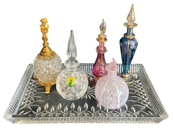 5 Vintage Perfume Bottles on Waterford Tray