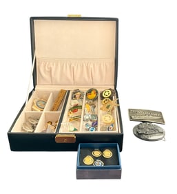 Leather Box of Pins & Vintage Belt Buckles