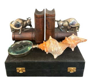 Conch Shell Desk Set & Pair Bull Bookends