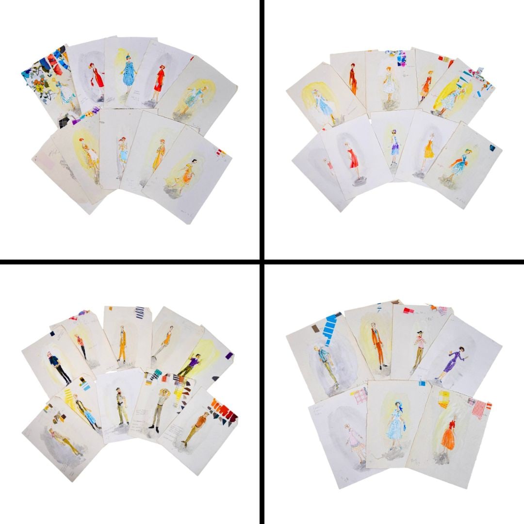 The Most Happy Fella 37 Costume Design Sketches: Tony Walton (British, 1934-2022). The Most Happy Fella. 37 pieces original costume design artwork, various characters. Gouache on paper, some with attached fabric swatches and most with Tony Walton's