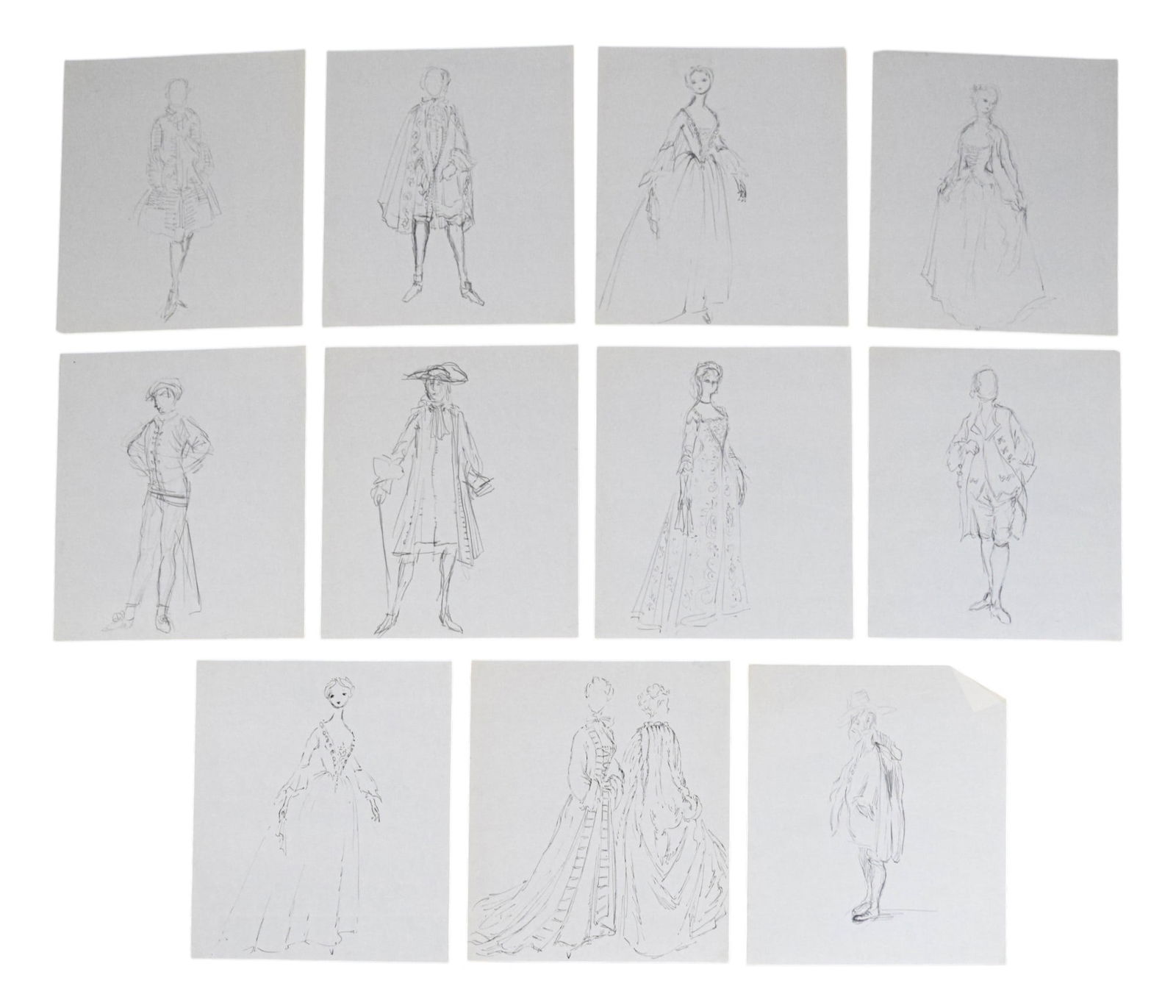 The Rehearsal 11 Costume Design Sketches: Tony Walton (British, 1934-2022). The Rehearsal. Group of 11 pen and ink and pencil drawings, costume design sketches. Each sheet 17" x 14". All as is and in production used condition. Created by Tony
