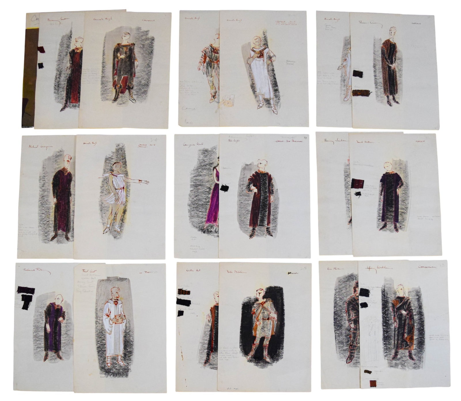 Caligula Costume Design Artwork: Tony Walton (British, 1934-2022). Caligula. Grouping of original costume and set design artwork. 18 pieces original costume design artwork, mixed media with ink, gouache, charcoal and acrylic, most wi
