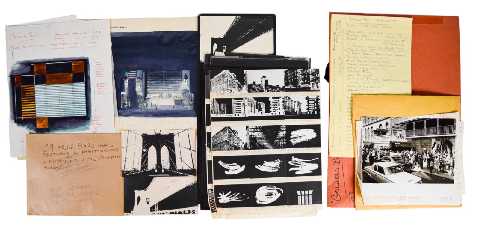 Golden Boy Backdrop Artwork, Notes, Photos: Tony Walton (British, 1934-2022). Golden Boy. Grouping of original artwork, copies, notes and other papers. 6 pieces original artwork in various mediums, including ink and watercolor and an additional