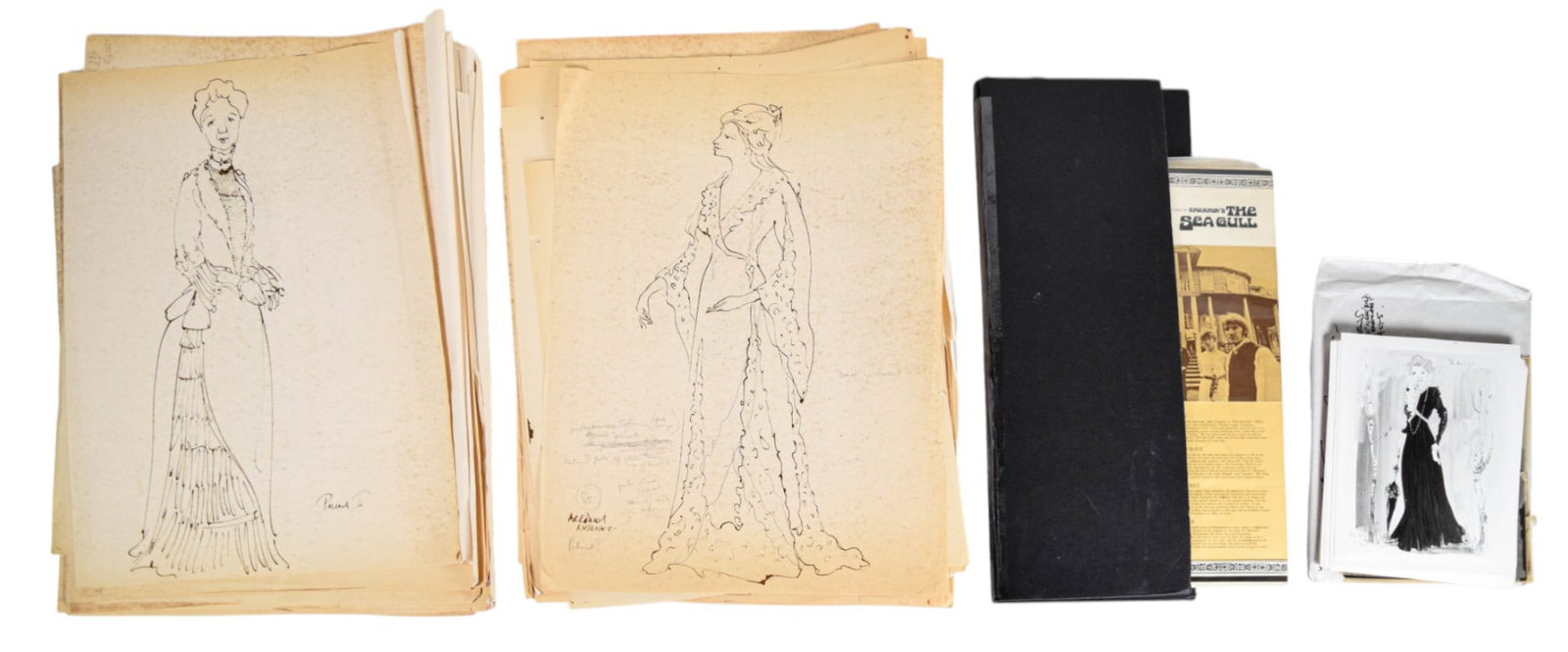 The Sea Gull Costume Design Art, Photos: Tony Walton (British, 1934-2022). The Sea Gull (film) Group of costume design prints, sketches and photos. 57 sepia prints, various characters, Arkadina Negligee sheet 23 1/4" x 16 1/2"; 18 sketches i