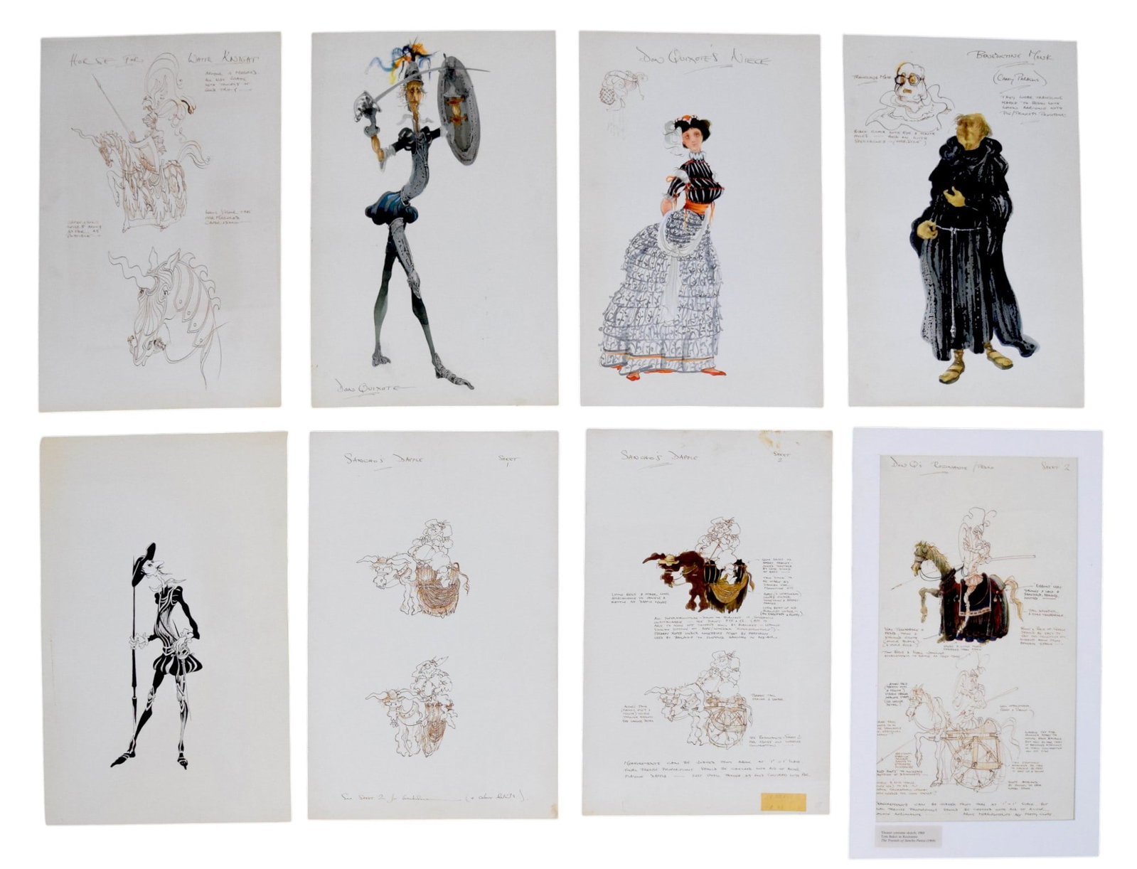 The Travails of Sancho Panza 8 Pieces Costume Art: Tony Walton (British, 1934-2022). The Travails of Sancho Panza. 8 pieces original costume design artwork. Mixed media with gouache and ink, for Don Quixote, Don Quixote's Niece, Benedictine Monk; pen 
