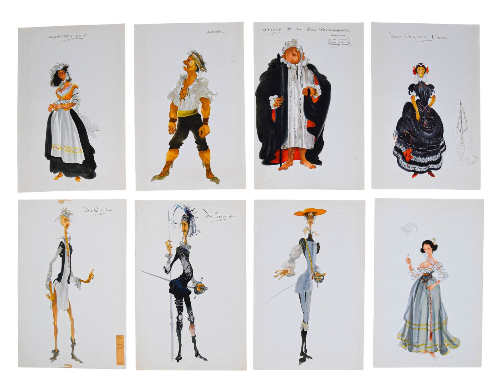 The Travails of Sancho Panza 8 Pieces Costume Art: Tony Walton (British, 1934-2022). The Travails of Sancho Panza. 8 pieces original costume design artwork. Mixed media with gouache, ink and watercolor on paper. Don Quixote, Don Quixote's Niece, Inn L