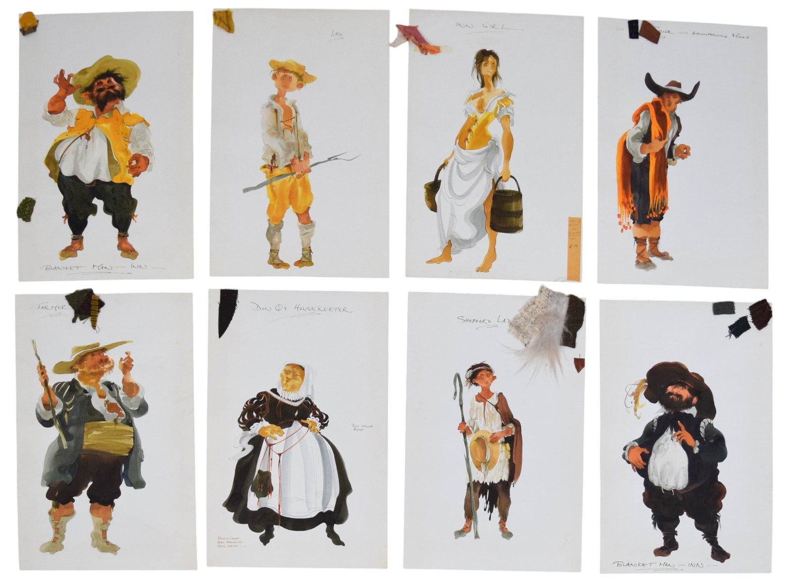 The Travails of Sancho Panza 8 Pieces Costume Art: Tony Walton (British, 1934-2022). The Travails of Sancho Panza. 8 pieces original costume design artwork. Mixed media with gouache and ink and with fabric swatches stapled to each. Titled in ink and s