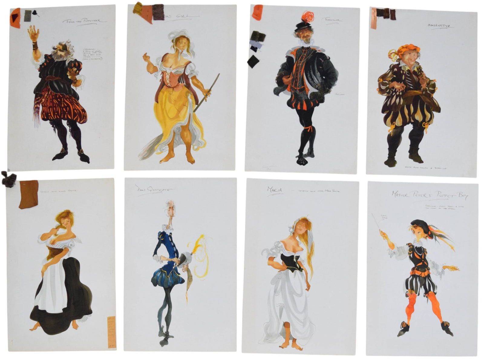 The Travails of Sancho Panza 8 Pieces Costume Art: Tony Walton (British, 1945-2022). The Travails of Sancho Panza. 8 pieces original costume design artwork. Mixed media with gouache and ink and with fabric swatches stapled to each. Most with Tony Walt
