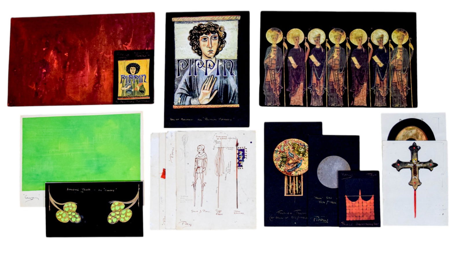 Pippin Set Design Artwork: Tony Walton (British, 1934-2022). Pippin. Portfolio containing 14 pieces set design artwork. Various mediums, including collage, gouache, 4 sepia ink sketches on paper. Some with handwritten notations
