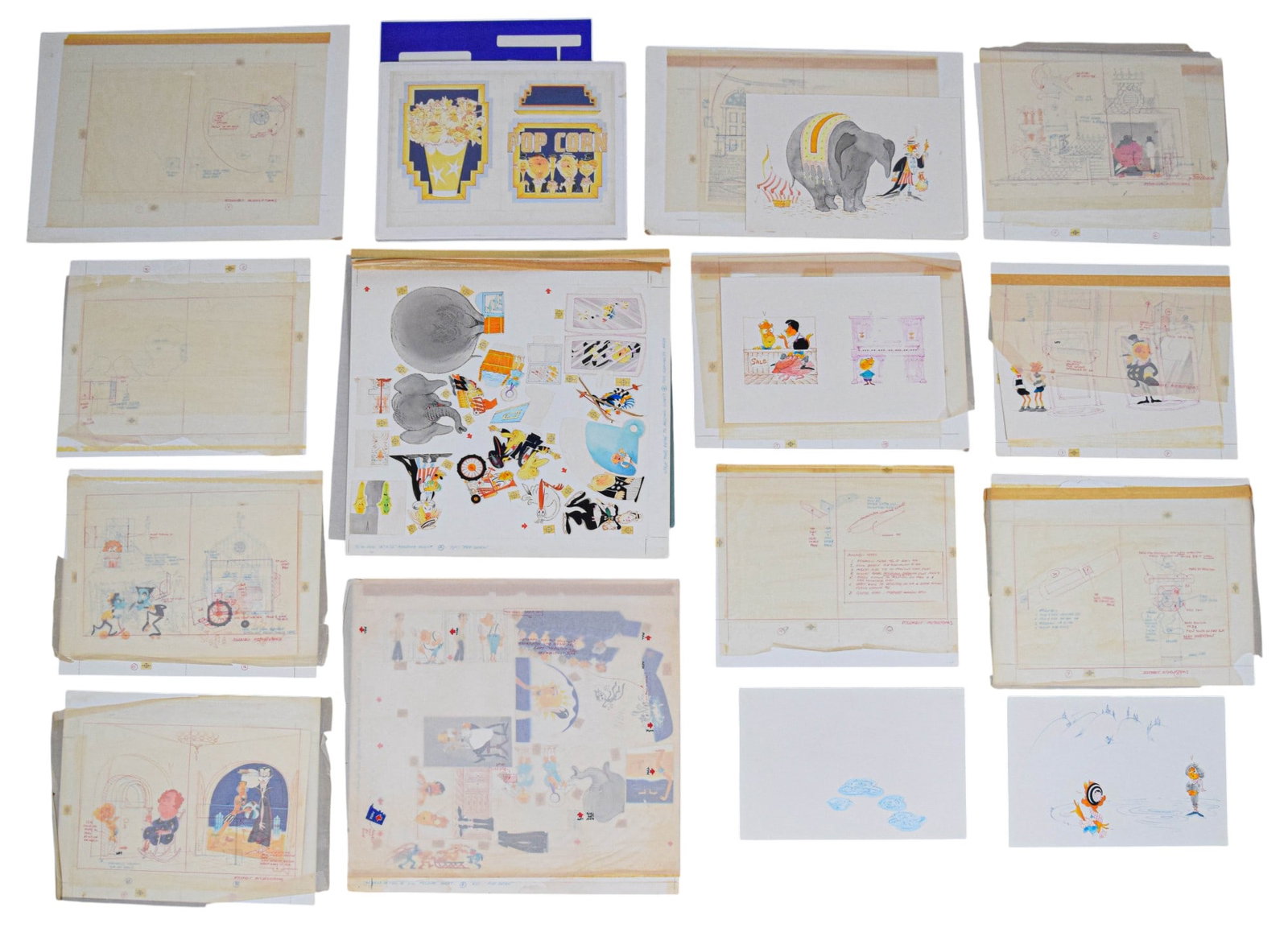 Pop Corn Book Original Illustration Artwork: Tony Walton (British, 1934-2022). Pop Corn (book). Group of 10+ pieces of original artwork, cover art and 10 illustrations. Mixed media with ink and gouache, collage. Illustration pages with tracing p