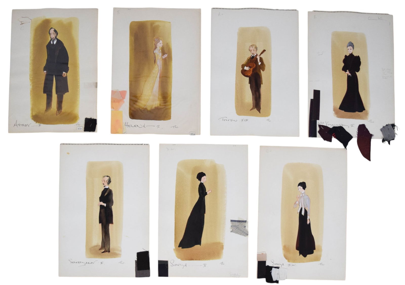 Uncle Vanya 7 Pieces Costume Design Artwork: Tony Walton (British, 1934-2022). Uncle Vanya. Group of 7 pieces original costume design artwork, mixed media with gouache and ink on paper. Characters including Telegin (Conrad Bain), 2 Sonya (Elizab