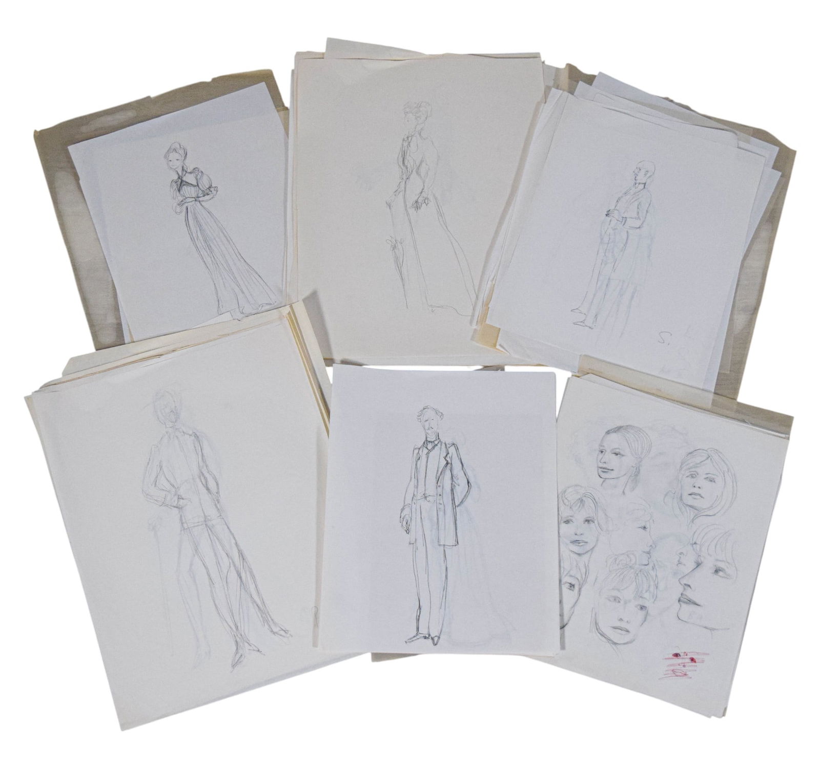 Uncle Vanya 70+ Costume Design Sketches: Tony Walton (British, 1934-2022). Uncle Vanya. Portfolio with a group of 70+ costume design sketches, pencil drawings on tracing and other paper types. Various characters. Largest sheets each 16 7/8"