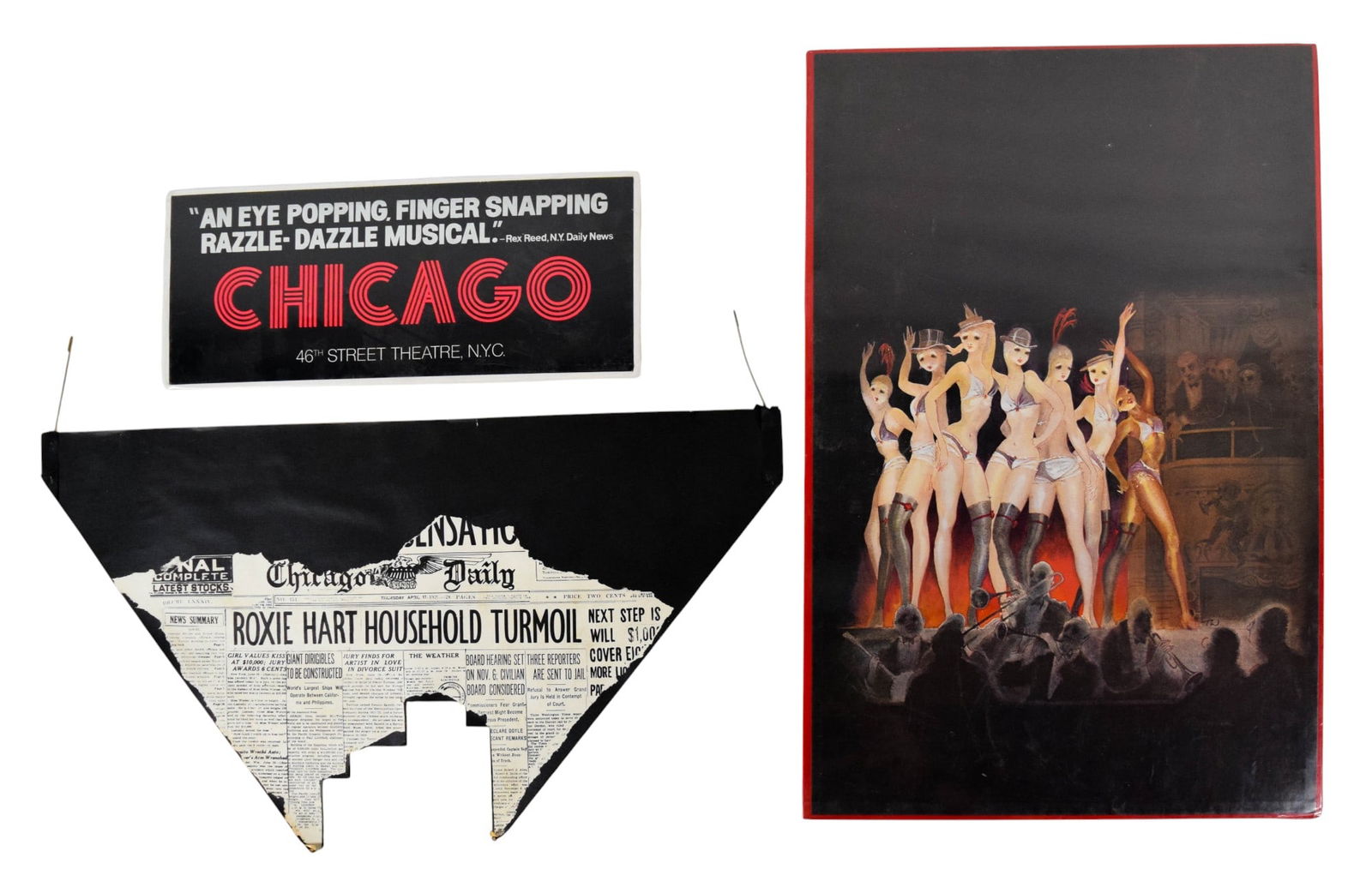 Chicago Roxie Hart Set Model Backdrop: Tony Walton (British, 1934-2022). Chicago. Set model backdrop hanger, Roxie Hart Household Turmoil, printed paper on cardboard; with a Chicago poster mounted on foam core board, and a mounted Chicago