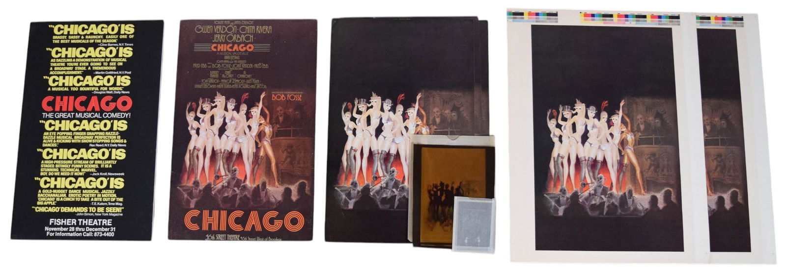 Chicago Posters, Proofs: Tony Walton (British, 1934-2022). Chicago. Group of 9 posters, proofs, negatives. 2 color first proofs for the poster, with 3 additional color prints including 1 with lettering; Chicago window card; p