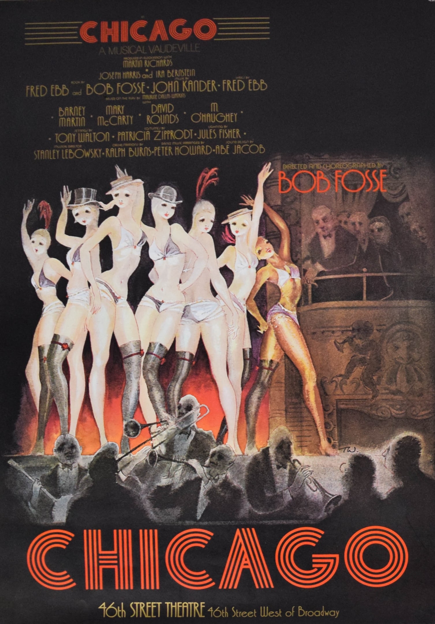 Chicago Poster: Tony Walton (British, 1934-2022). Chicago. Large advertising poster, designed by Tony Walton. With a second sheet with cast names. Poster 58" x 41". As is, with wear, creases, tears to corners and alo