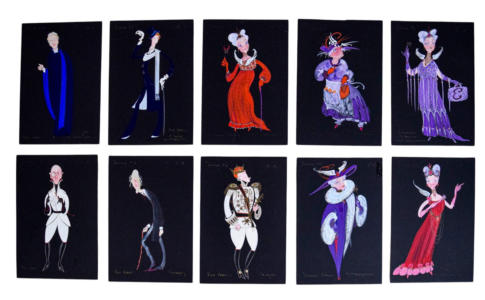 Little Me 10 Pieces Costume Design Artwork: Tony Walton (British, 1934-2022). Little Me. Group of 10 pieces original costume design artwork, gouache on illustration board, with Tony Walton's hand written notations. Otto, Pinchley, Prince, Mrs. 