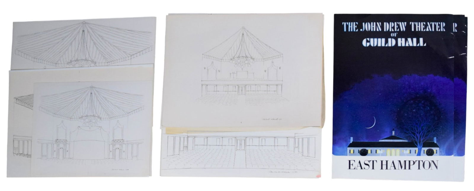 Guild Hall East Hampton Posters, Interior Drawings: Tony Walton (British, 1934-2022). Portfolio of posters, drawings and prints of the John Drew Theater of Guild Hall, East Hampton, New York. 3 pencil drawings of the Guild Hall interior, and 8 prints o