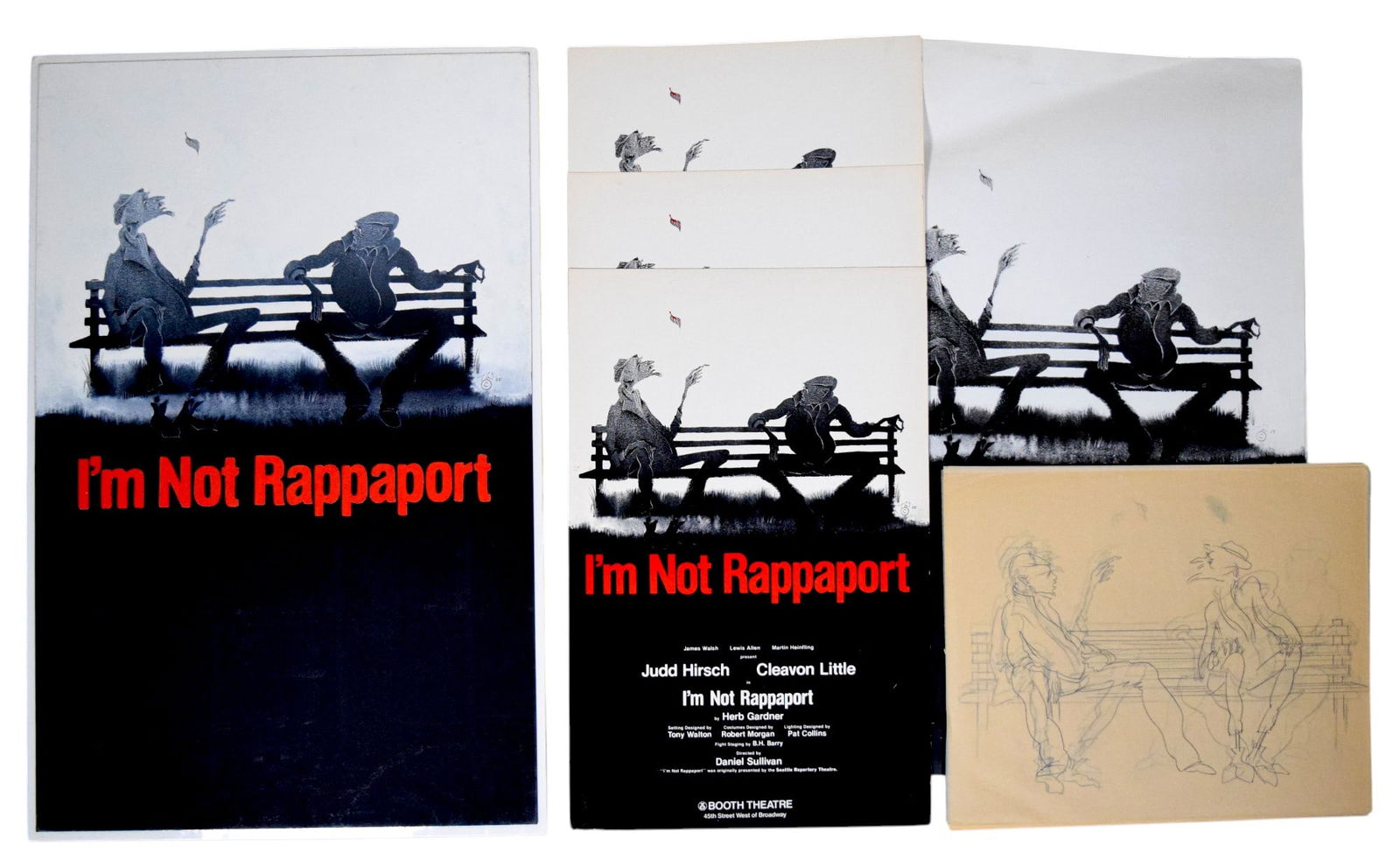 I'm Not Rappaport Original Poster Design Artwork: Tony Walton (British, 1934-2022). I'm Not Rappaport. Group of 9 pieces original poster design artwork. Including 6 "geezer" sketches, pencil on tracing paper; original poster artwork, mixed media with