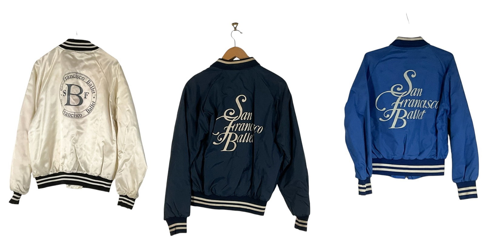 San Francisco Ballet 3 Satin Jackets: Group of 3 San Francisco Ballet satin button-up jackets. White jacket (size M), blue jacket embroidered Slick (size M), and navy blue jacket embroidered Spike (size L). All in vintage condition.