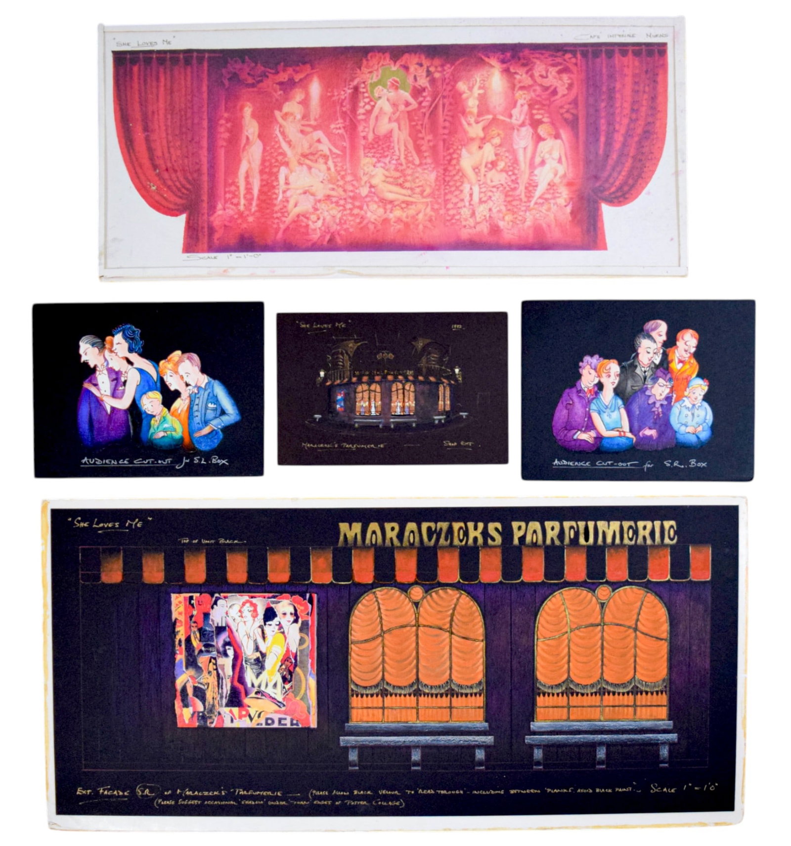 She Loves Me 5 Pieces Set Design Artwork: Tony Walton (British, 1934-2022). She Loves Me. Group of 5 pieces original set design artwork. Audience Cuts-Out and Mural both collage with hand additions, Parfumerie facade gouache with collage prin