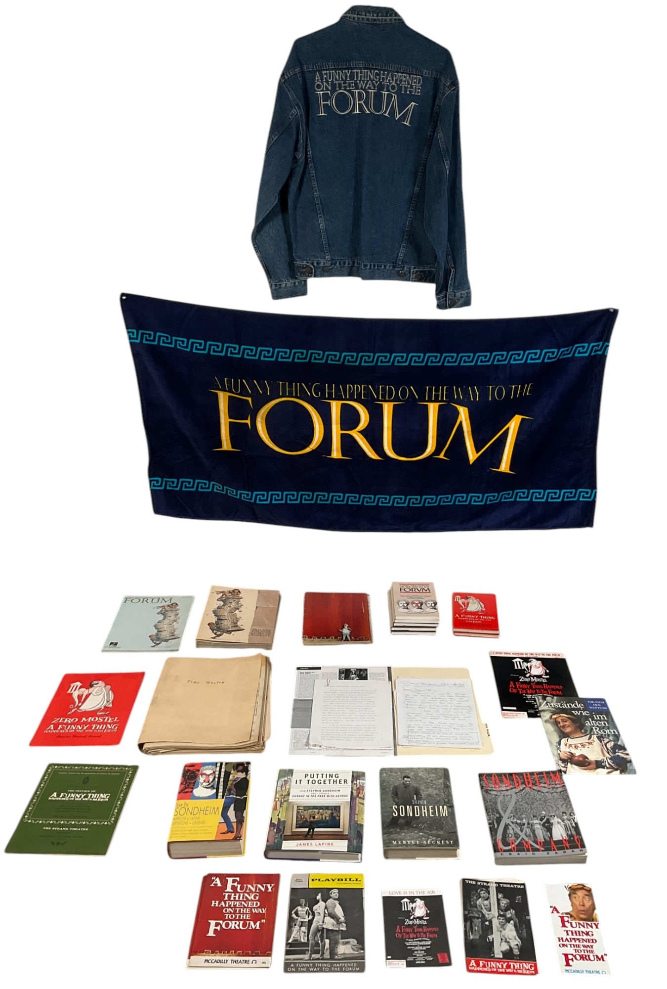A Funny Thing Happened Memorabilia, Ephemera: A Funny Thing Happened on the Way to the Forum. Group of memorabilia and other ephemera, including embroidered denim crew jacket (size S), beach towel, sheet music, 2 books of vocal selections, progra