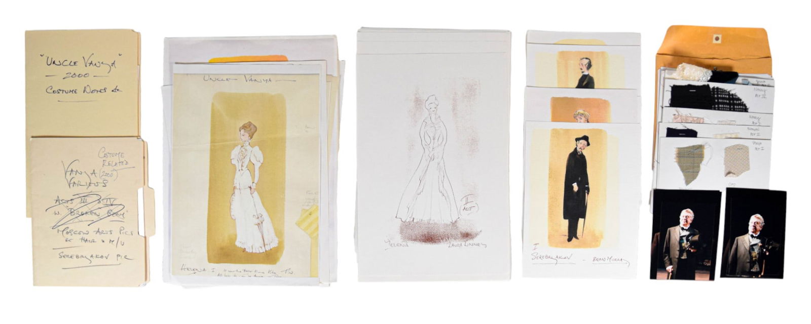 Uncle Vanya Costume Design Prints, Notes: Tony Walton (British, 1934-2022). Uncle Vanya. Group of costume design prints, notes and reference materials. 30+ sepia line copies and 9 color prints of the original costume design artwork. Various c