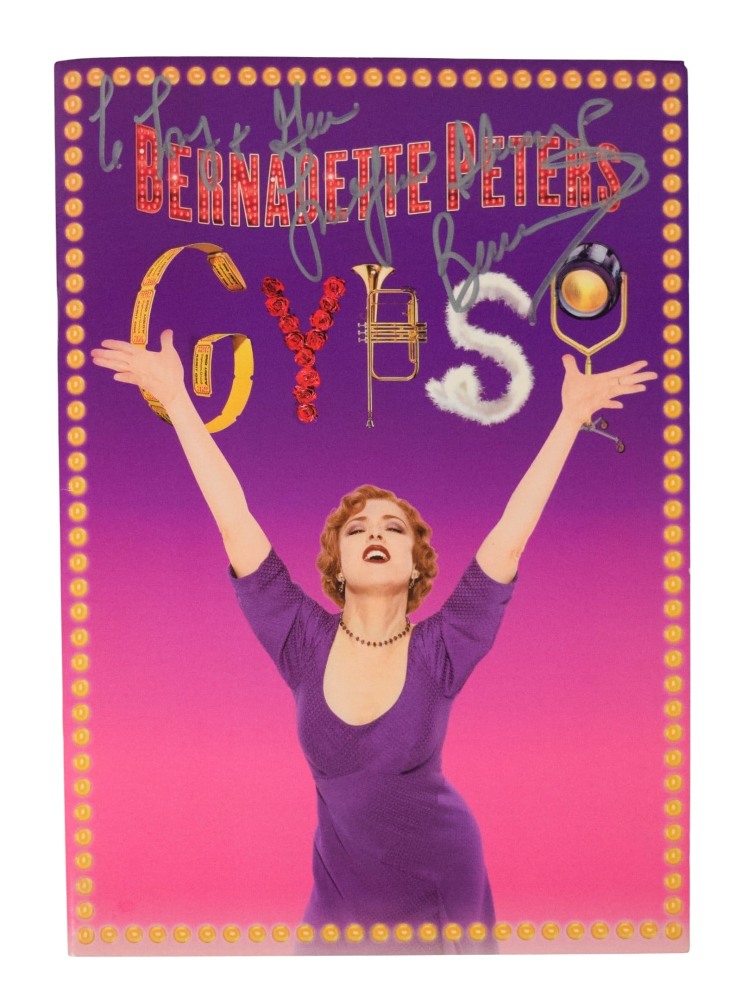 Gypsy Bernadette Peters Autographed Program: Gypsy. Program, inscribed "To Tony & Gen Love you always Bern" in silver ink on the cover. 13 1/8" x 9 1/4". Although Tony Walton didn't work on Gypsy, he'd worked with Bernadette Peters four years ea