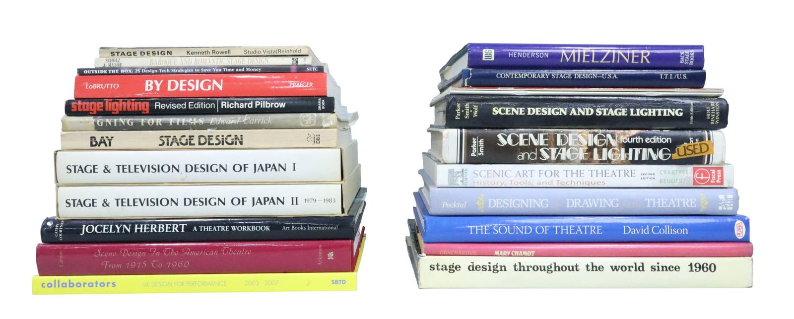 23 Books on Stage Design and Theatre Lighting: 23 books on stage design and theatre lighting, including A Theatre Workbook signed by Jocelyn Herbert, Stage & Television Design of Japan volumes I and II, Stage Design, The Sound of Theatre, Scene De