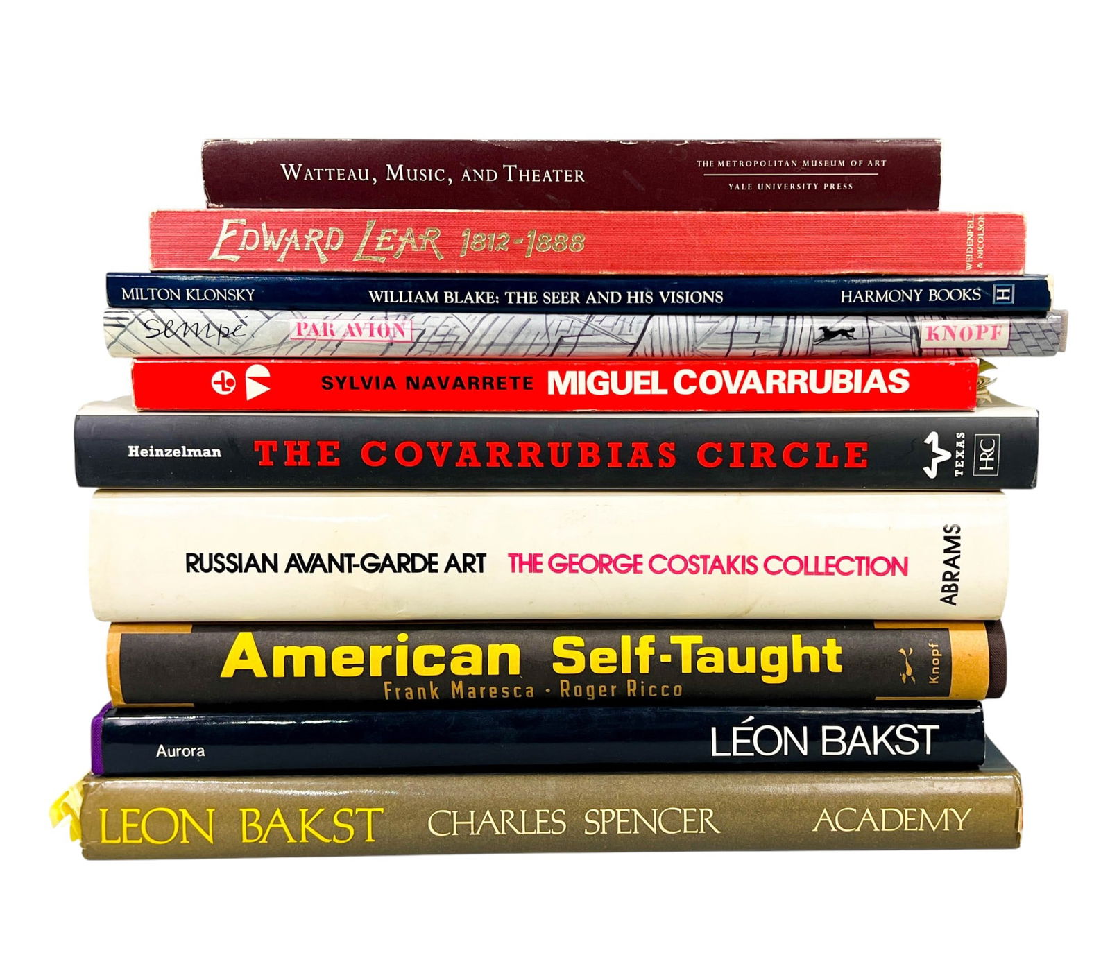 10 Art Books: 10 art books including Par Avion Sempe, Miguel Covarrubias, The Covarrubias Circle, Leon Bakst by Charles Bakst, Bakst - Theatre, Ballets, Decors, Costumes, Edward Lear 1812-1888, Watteau, Music and T