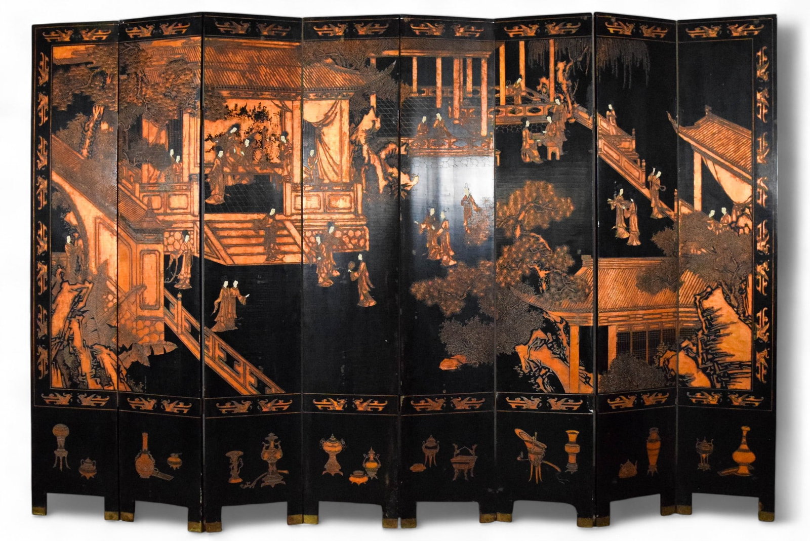 Maitland Smith Style 8 Panel Chinoiserie Screen: Maitland Smith style 8 panel coromandel screen. Life scenes on one side and scenes with birds and flowers on the reverse. Unsigned. Each panel 84"H x 16"W (fully open 128"L). Cracks, chips and losses 