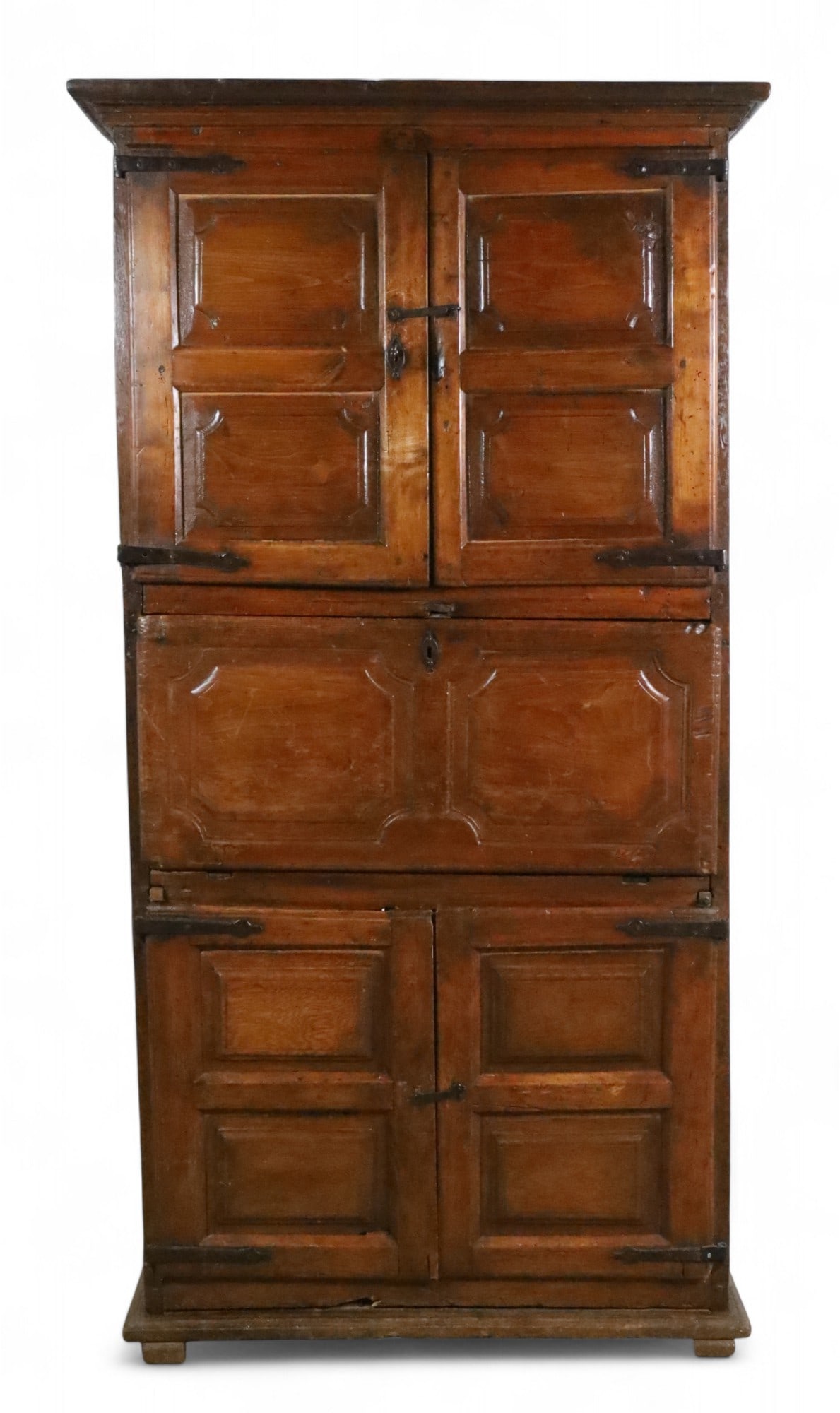 Early Continental Drop Front Desk: Continental drop front desk. Key present. Painted drawer fronts. 70"H x 37"W x 14 1/2"D. Extensive wear and damage indicative of age, doors do not line up, drop front does not stay up as locking mecha