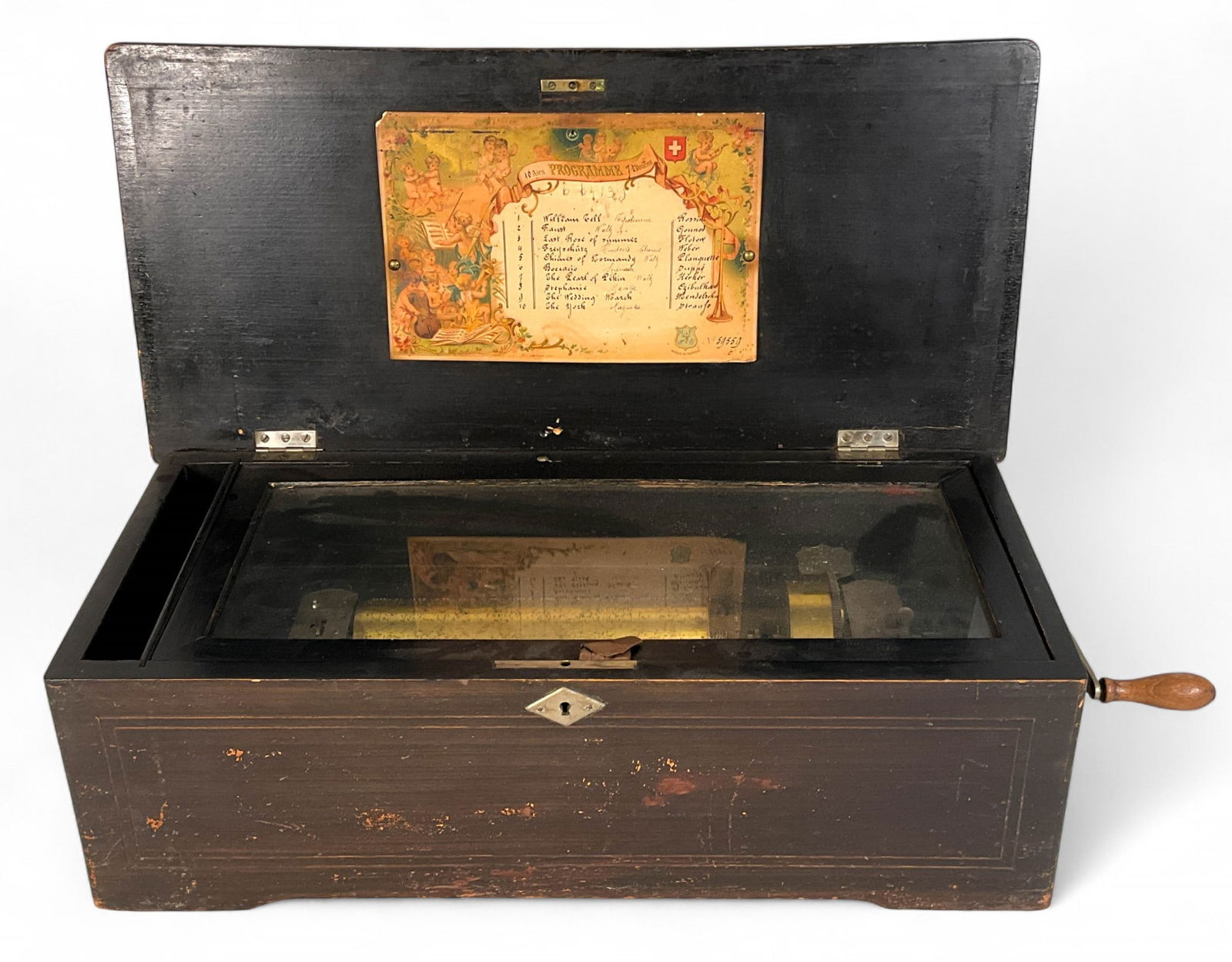 Mermod Freres Jacot's 10 Tune Cylinder Music Box: Mermod Freres for Jacot's Swiss 10 tune cylinder music box. Wooden case, 10 tune cylinder, paper song list on the interior of the lid. Marked Jacot's Patented Safety Check Sept. 22 1886 and marked MF