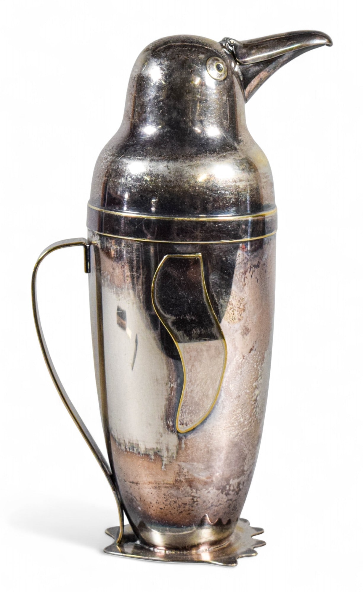 Napier Silverplate Penguin Cocktail Shaker: Emil Schuelke for Napier silverplate figural penguin cocktail shaker. Marked Napier on the underside. 12 3/8"H. Heavily tarnished.