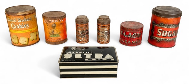 7 Advertising Tins Luzianne, Flash, Bond, Hoosier