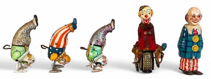 5 Wind-Up Tin Litho Clown Toys Chein, Distler