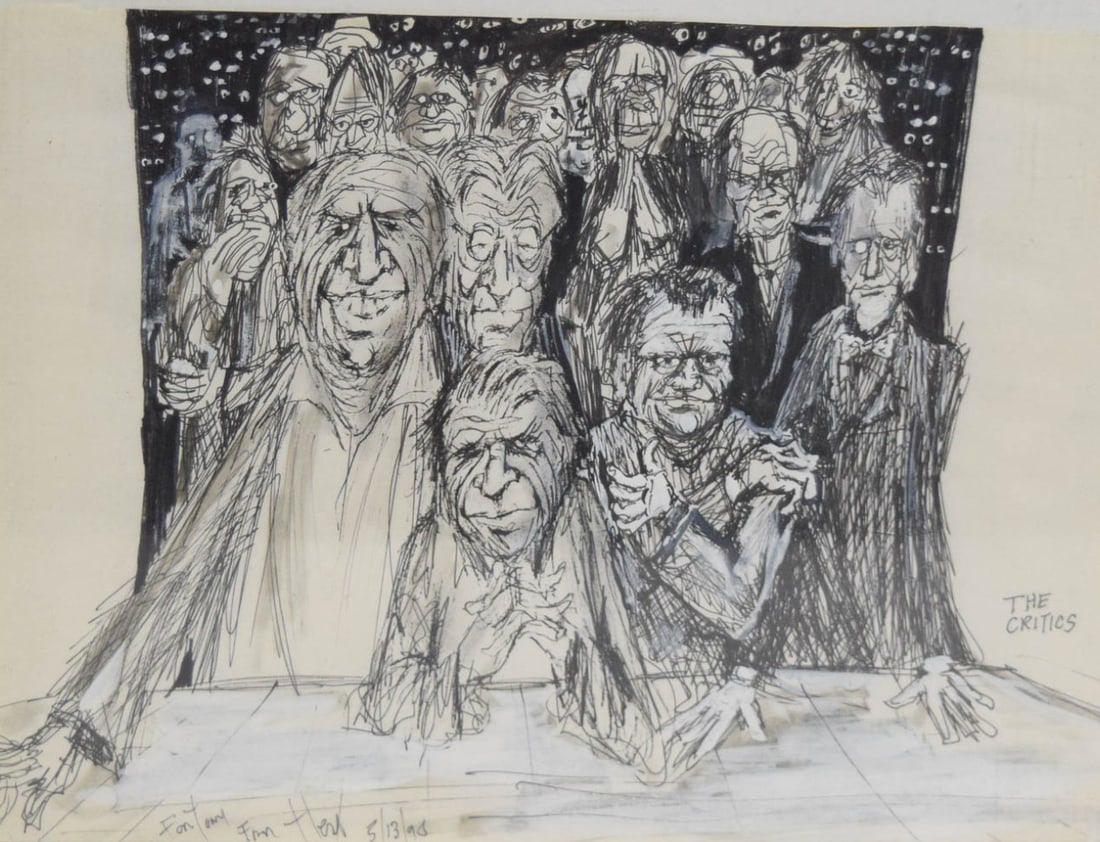 Herb Gardner Illustration The Critics: Herb Gardner (American, 1934-2003). Mixed media illustration with pen & ink and gouache on paper, The Critics. Titled center right and with inscription in ink "For Tony from Herb 5/13/90". 8" x 11" (w