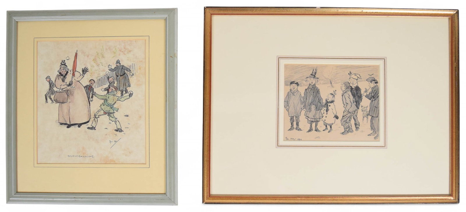 2 Phil May Illustrations: Philip May (British, 1864-1903). 2 illustrations. Lithograph in color, Snowballing, signed Phil May in the plate lower right, 8" x 7 1/4" (with frame 13" x 11 1/2"); pen & ink drawing, Carol Singers, 
