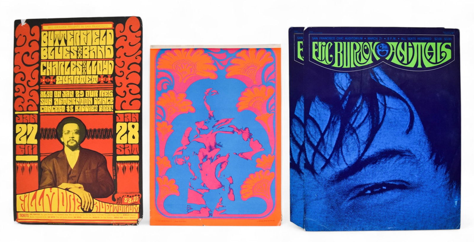 4 1967 San Francisco Concert Posters: Group of 4 1960s concert posters, San Francisco. Victor Moscoso / Neon Rose, Wildflower, Matrix, March 3-5, 1967, 20" x 14"; Wes Wilson / West Coast Lithograph Co., Bill Graham, Butterfield Blues Band