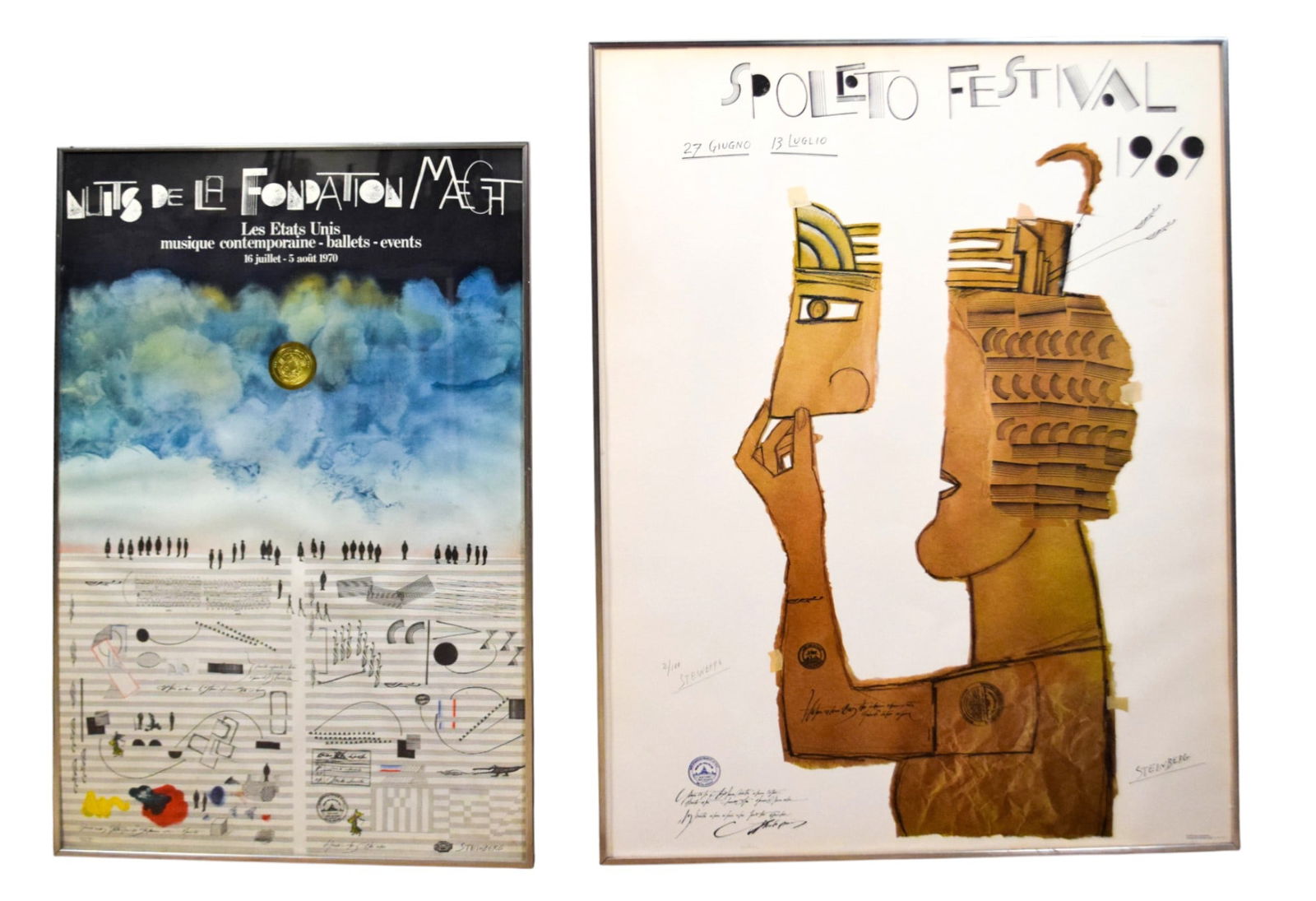 2 Saul Steinberg Posters Spoleto, Fondation Maeght: Saul Steinberg (American, 1914-1999). 2 vintage posters. Spoleto Festival, Italy, 1969, signed in the plate lower right and signed and numbered 2/100 in pencil lower left, printed by Solomon & Co., NY