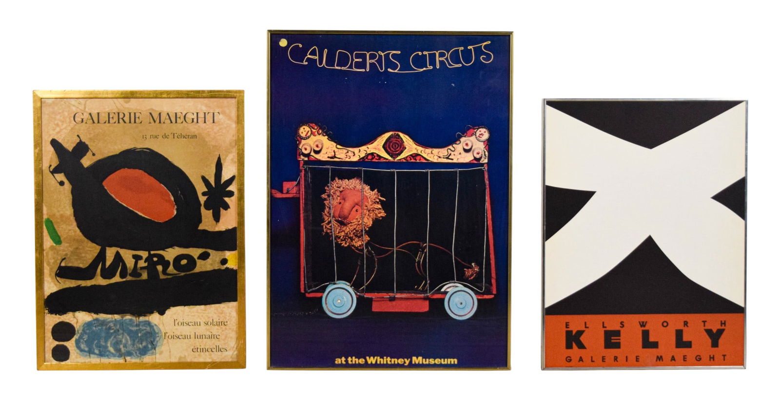 3 Exhibition Posters Miro, Kelly, Calder: 3 exhibition posters. Joan Miro, Galerie Maeght, c. 1967, 25" x 18 1/4" (with frame 26 1/2" x 19 3/4"); Elsworth Kelly, Galerie Maeght, 1958, 25 1/2" x 19" (with frame 26" x 19 5/8"); Alexander Calder