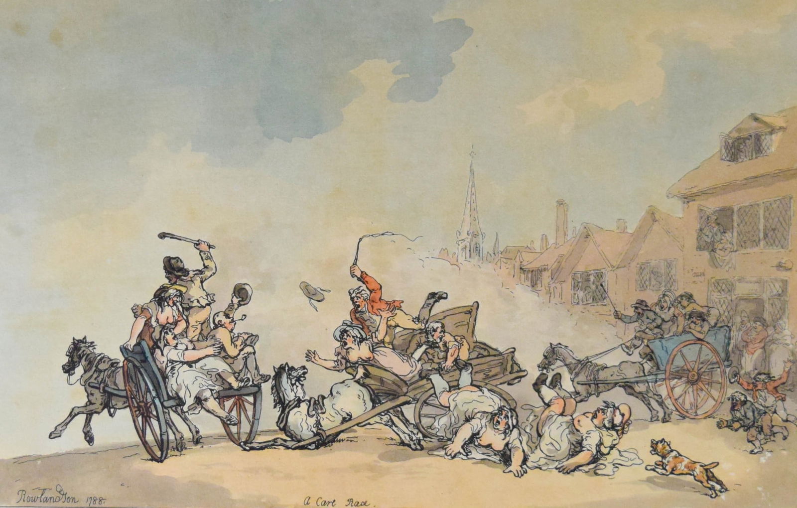 Thomas Rowlandson Etching A Cart Race: Thomas Rowlandson (British, 1756-1827). Etching with aquatint, A Cart Race. Signed and dated 1788 in the plate lower left. Sheet 14 5/8" x 20 3/8". Foxing, staining and other discoloration throughout.