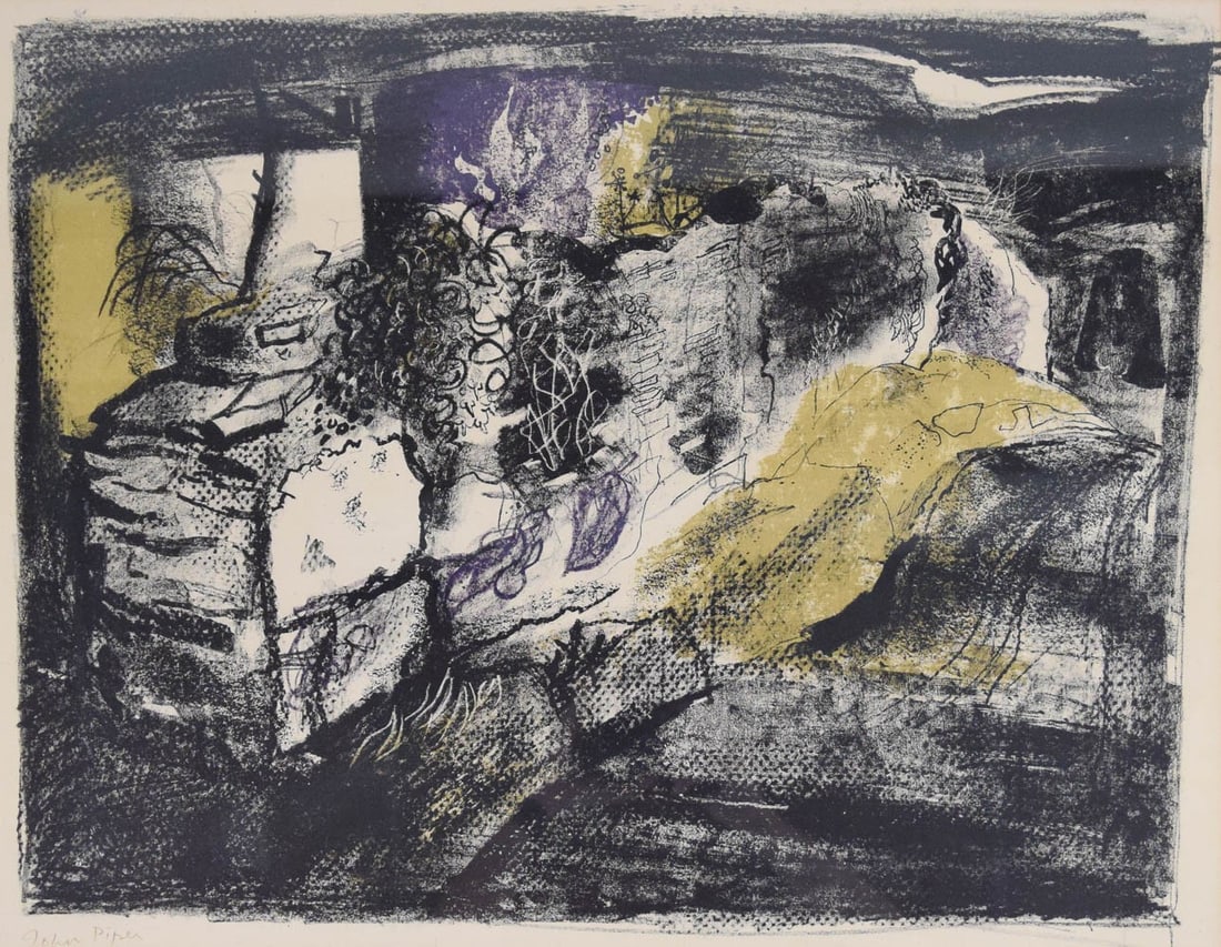 John Piper Lithograph Stone Wall: John Piper (British, 1903-1992). Lithograph, Stone Wall - Anglesea. Pencil singled lower left. 16 1/2" x 21" (with frame 21 1/4" x 25 7/8"). With a John Piper exhibition catalog, Tate Gallery, 1983-19