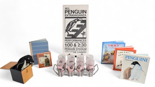 Group of Penguin Items Including Books, Glassware