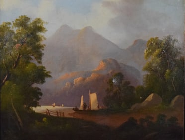 Oil on Canvas Boats in Lake Landscape