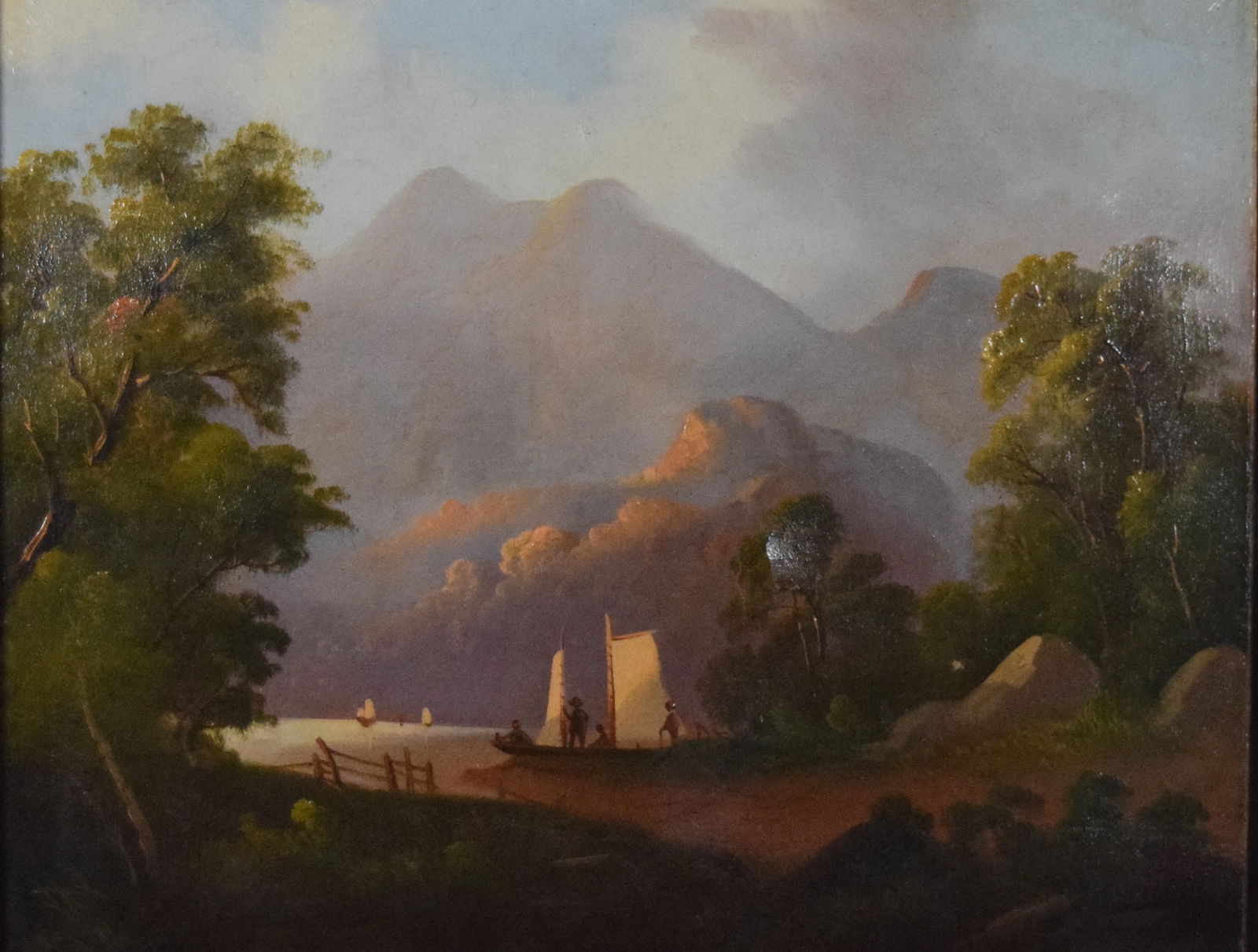 Oil on Canvas Boats in Lake Landscape