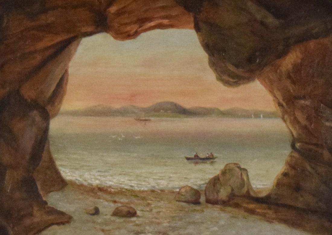 Henry Day Oil on Canvas The Ovens Bar Harbor: Henry Day (19th / 20th century). Oil on canvas shoreline scene, The Ovens, Bar Harbor. Initialed HD lower right and with handwritten label on verso. 9 1/2" x 13 1/2" (with frame 16 1/2" x 20 1/2"). Re