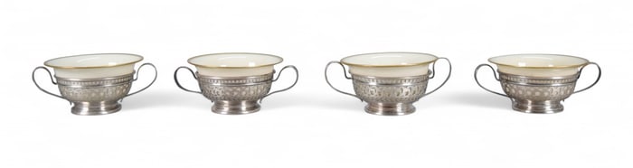 4 Sterling Cream Soup Bowls With Lenox Inserts